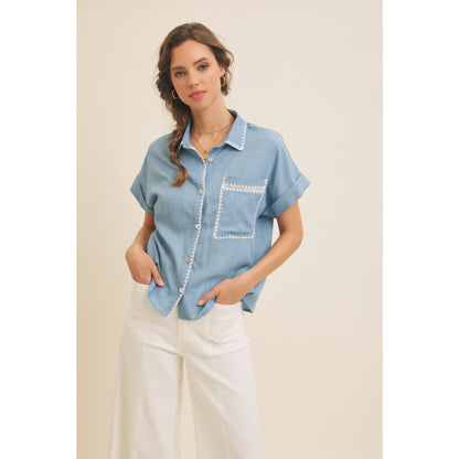 Washed Chambray Button-Down Shirt With Stitching