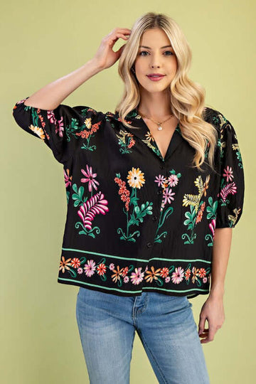 Floral Print Button Up Blouse with Short Sleeves