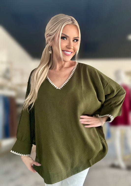 Contrast Stitching Batwing Sleeves Oversized Top