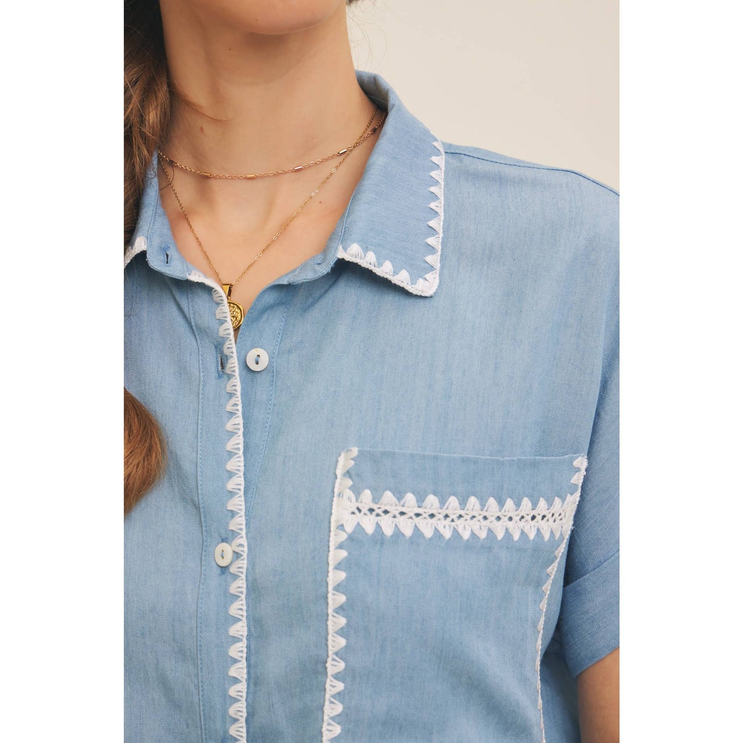 Washed Chambray Button-Down Shirt With Stitching