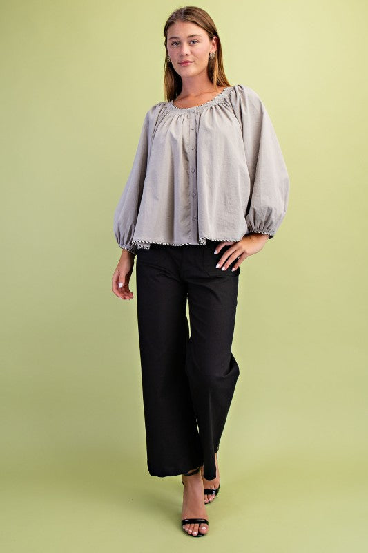 Gray Gathered Button Down Blouse