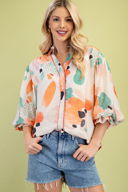 Kinsey Watercolor Button Up Top Orange/Mint