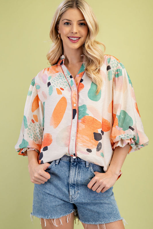 Kinsey Watercolor Button Up Top Orange/Mint