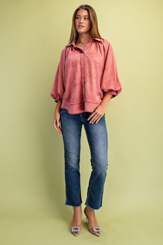 Satin Balloon Sleeve Button Down Blouse