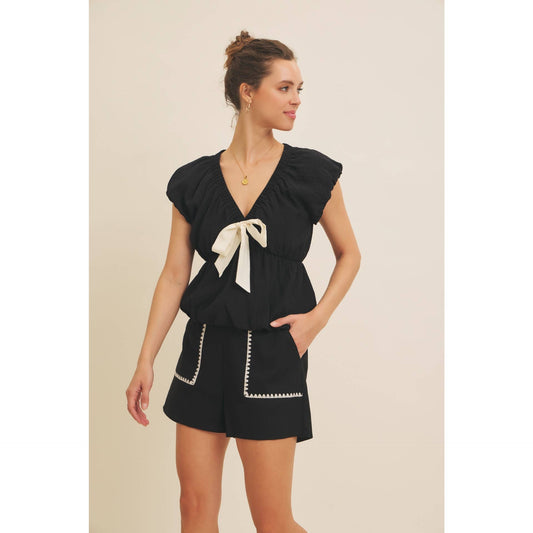 Elastic Waistband Linen Shorts With Embroidery
