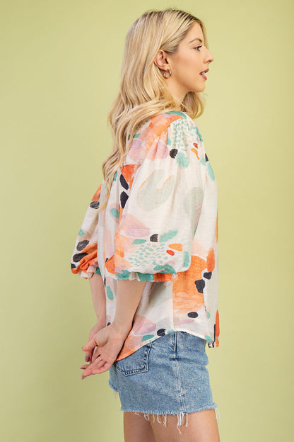 Kinsey Watercolor Button Up Top Orange/Mint