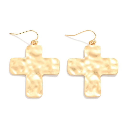 Hammered Metal Cross Drop Earrings