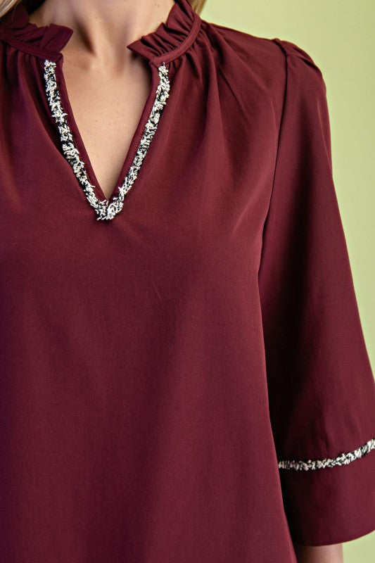 Janey 3/4 Sleeve Top in Crimson
