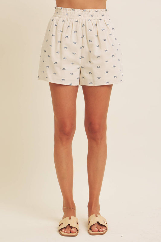 Cute Bow Printed Linen-Like Comfy Shorts With Stretchy Waist