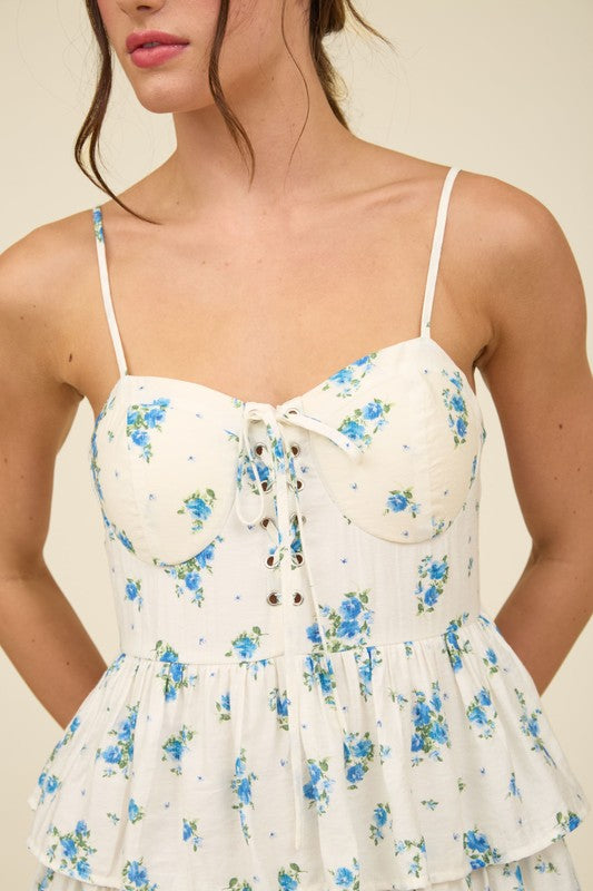 Justine Floral Front Lace Up Ruffle Tiered Mini Dress