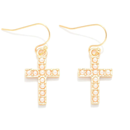 Pearl Studded Cross Drop Earrings