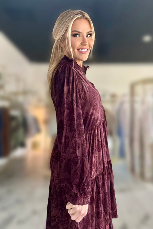 Boho Paisley Flocked Velvet Dress