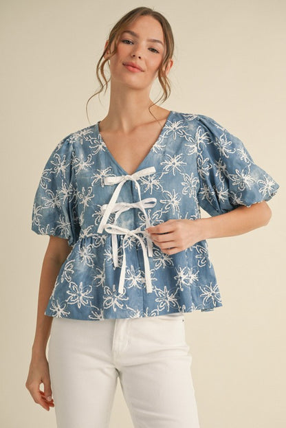 Danielle Denim Flower Embroidered Top