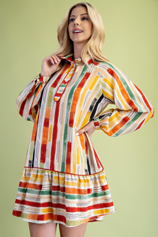 Abstract Striped Long Sleeve Dress In Brick