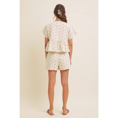 Cute Bow Printed Linen-Like Comfy Shorts With Stretchy Waist
