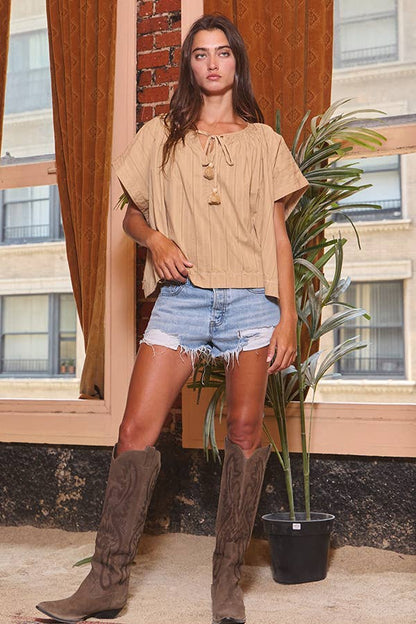 Bucketlist Adjustable Tie Front Solid Stripe Textured Top