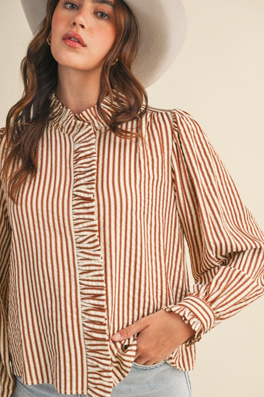 Pecan Ruffled Button Down Top