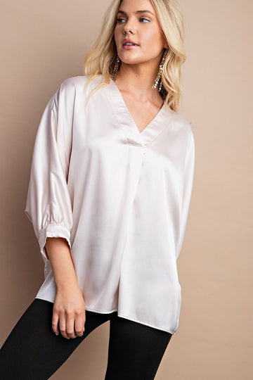 Esme Satin V-Neck Blouse in Ecru