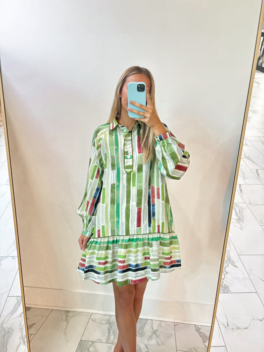 Abstract Striped Long Sleeve Dress In Olive