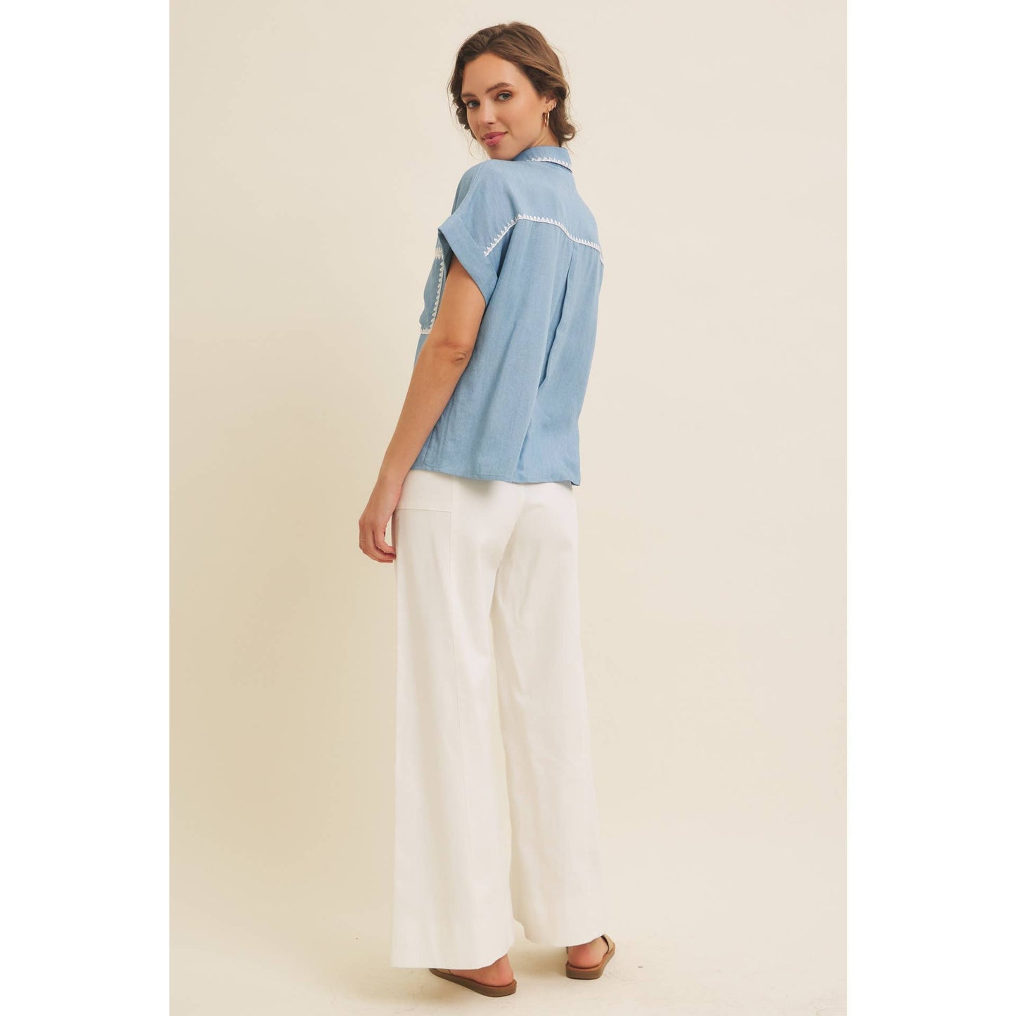 Washed Chambray Button-Down Shirt With Stitching
