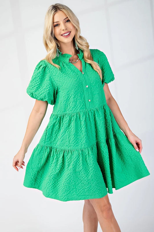 Jessica Seersucker Puff Sleeve Mini Dress-Green