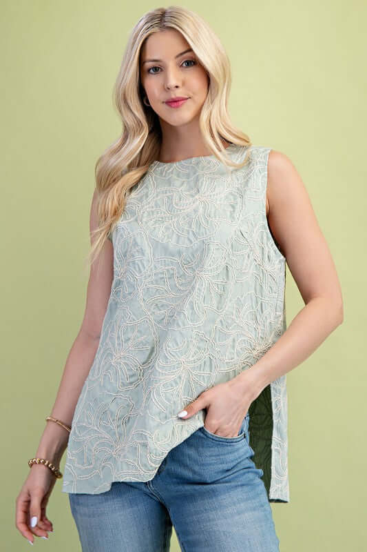 Embroidered Sleeveless Round Neck Top with Side
Slits