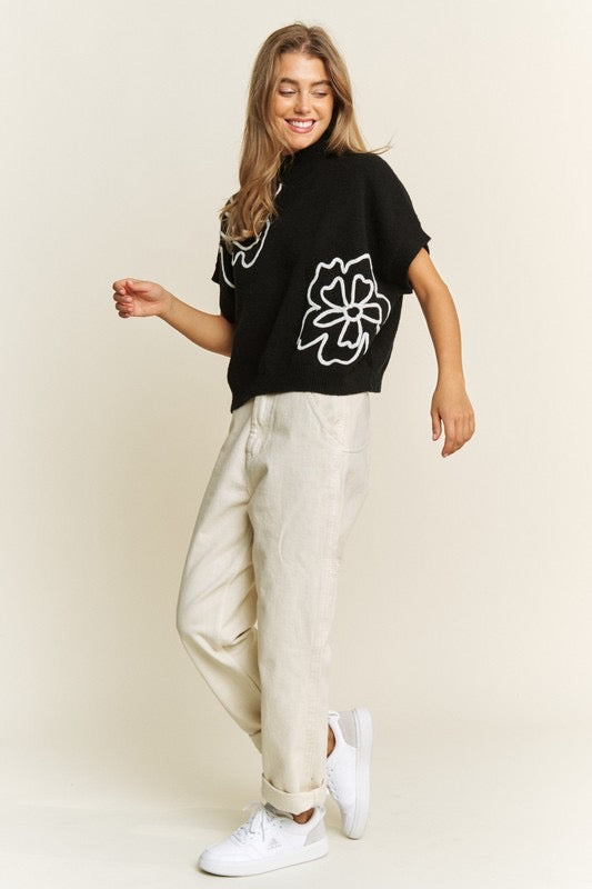 Melissa Flower Embroidered Top in Black