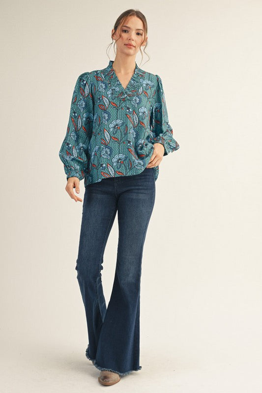 Long Puff Sleeves V-Neck Floral Top