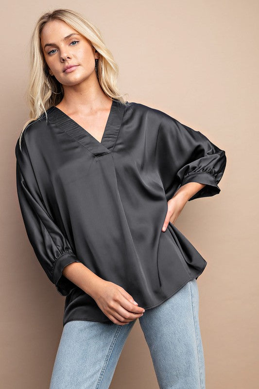 Savanna Satin V-Neck Loose Fit Blouse (Ash)