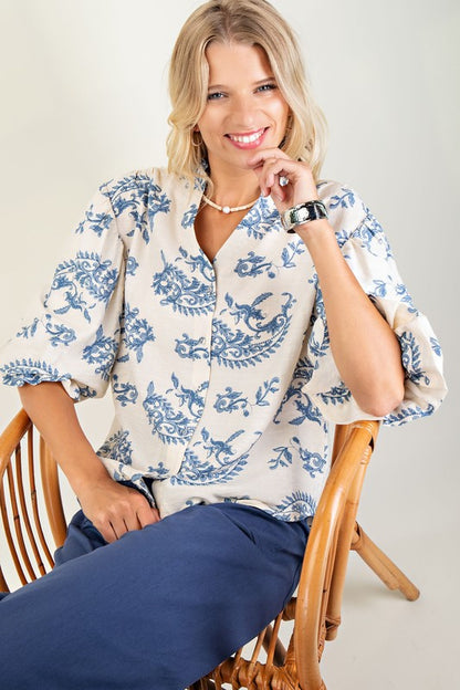 Angelia Button Down Top with 3/4 Length Sleeves in Blue Floral