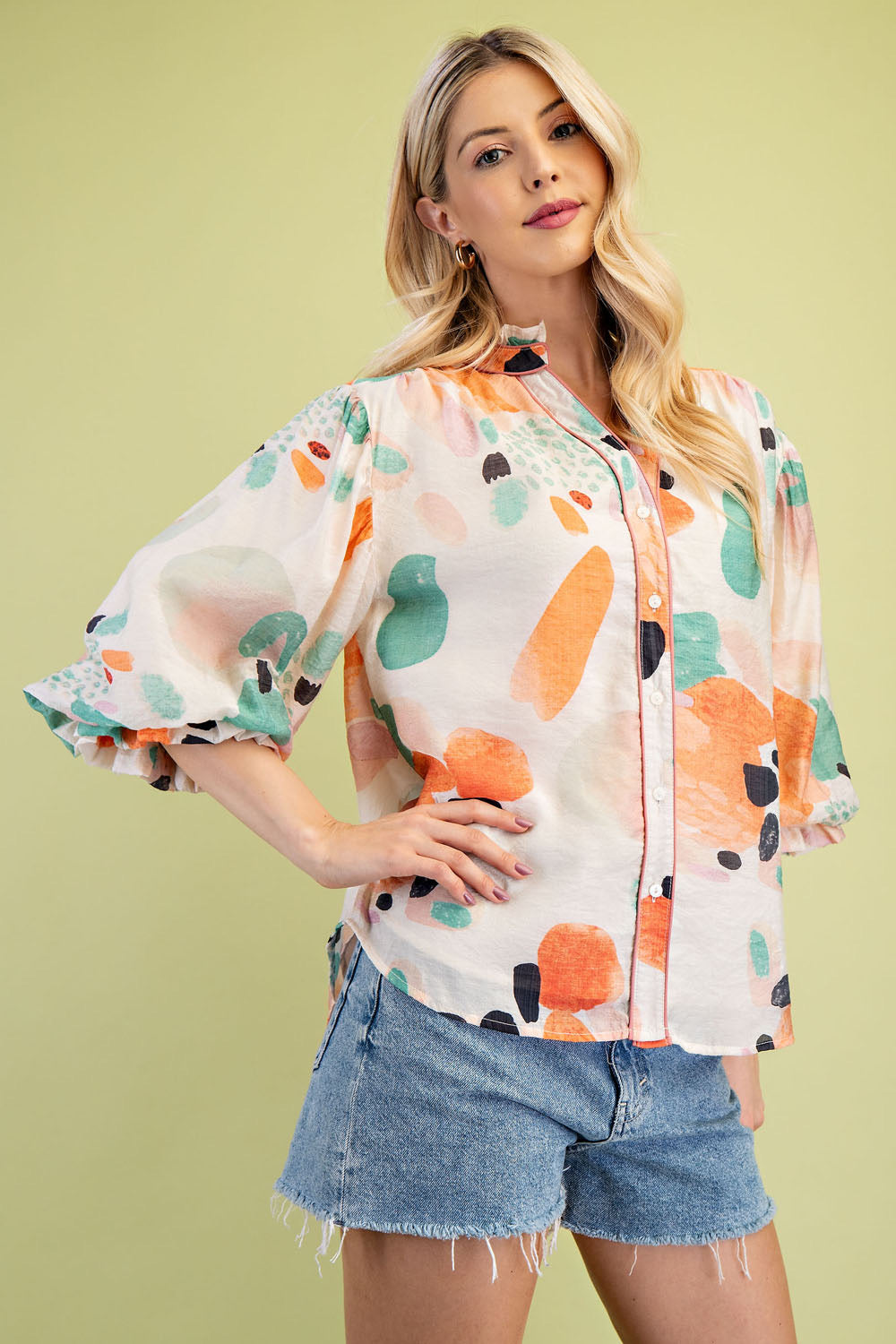 Kinsey Watercolor Button Up Top Orange/Mint