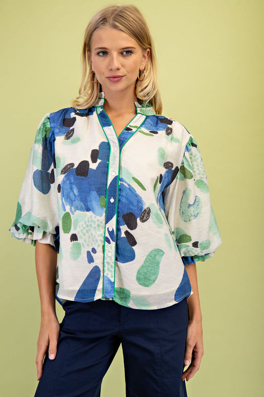 Kinsey Watercolor Button Up Top Royal/Mint