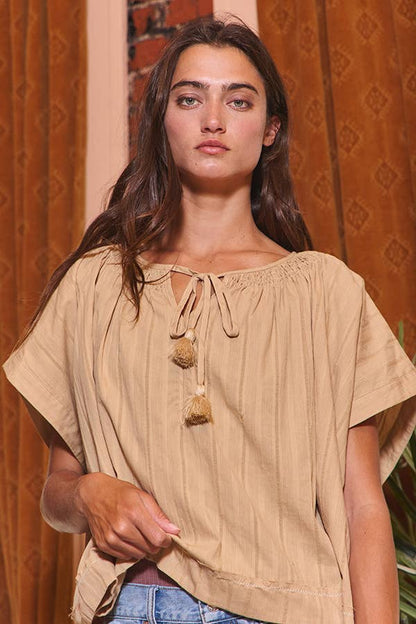 Bucketlist Adjustable Tie Front Solid Stripe Textured Top