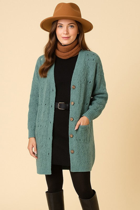 Long-Sleeve Pointelle Knit 
Cardigan