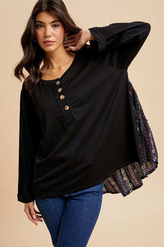 Oversized Henley Top With Print Contrasted Back