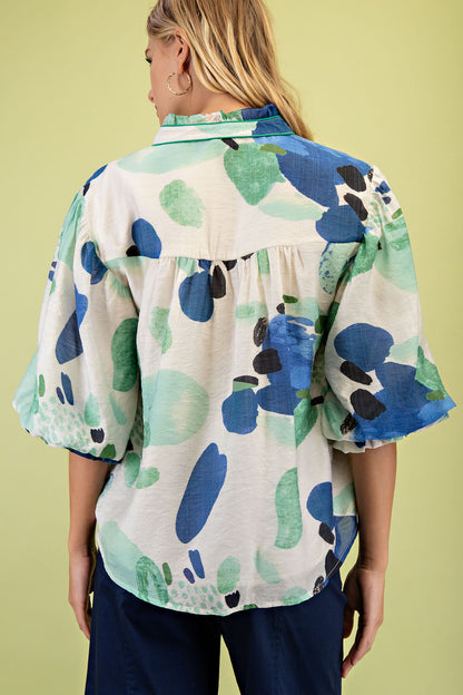 Kinsey Watercolor Button Up Top Royal/Mint