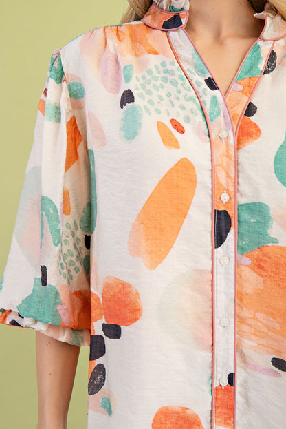 Kinsey Watercolor Button Up Top Orange/Mint