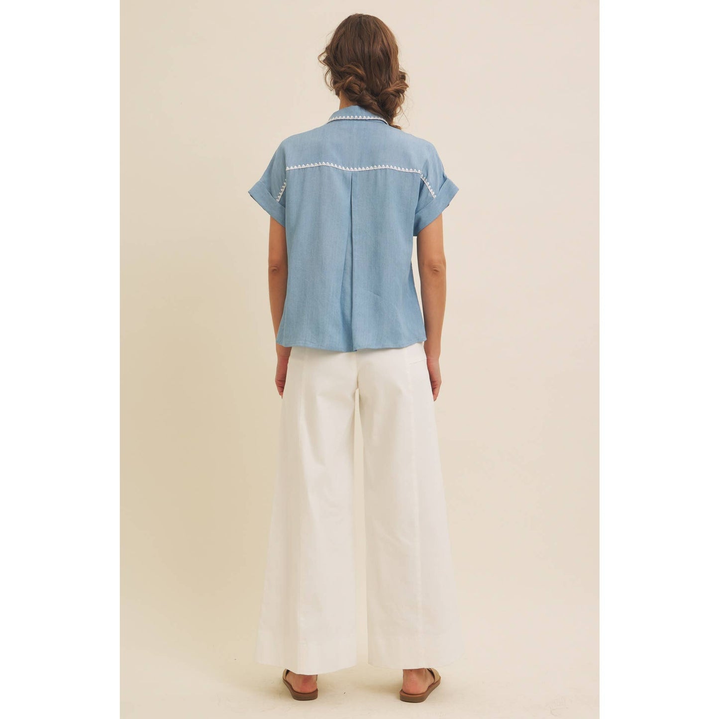 Washed Chambray Button-Down Shirt With Stitching