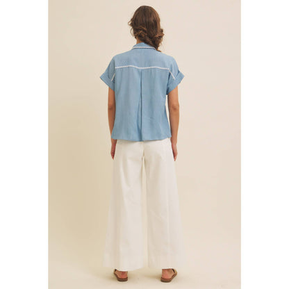 Washed Chambray Button-Down Shirt With Stitching