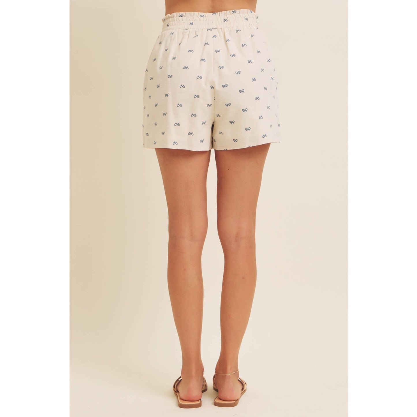 Cute Bow Printed Linen-Like Comfy Shorts With Stretchy Waist