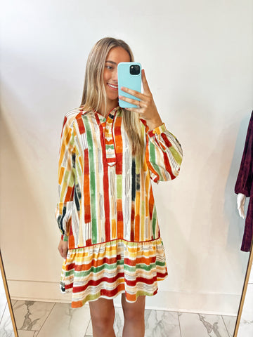 Abstract Striped Long Sleeve Dress In Brick