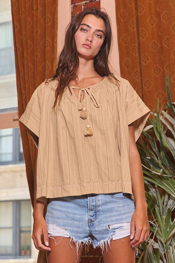 Bucketlist Adjustable Tie Front Solid Stripe Textured Top