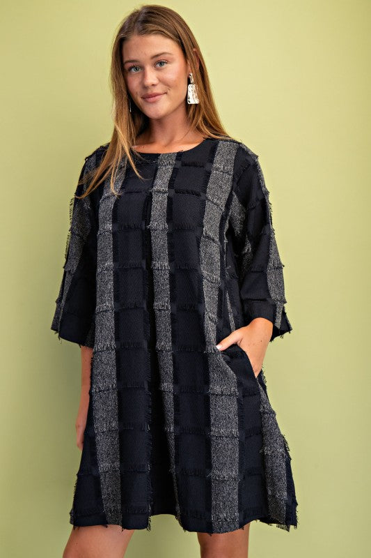 Frayed Textured Check Print Pleated Dress