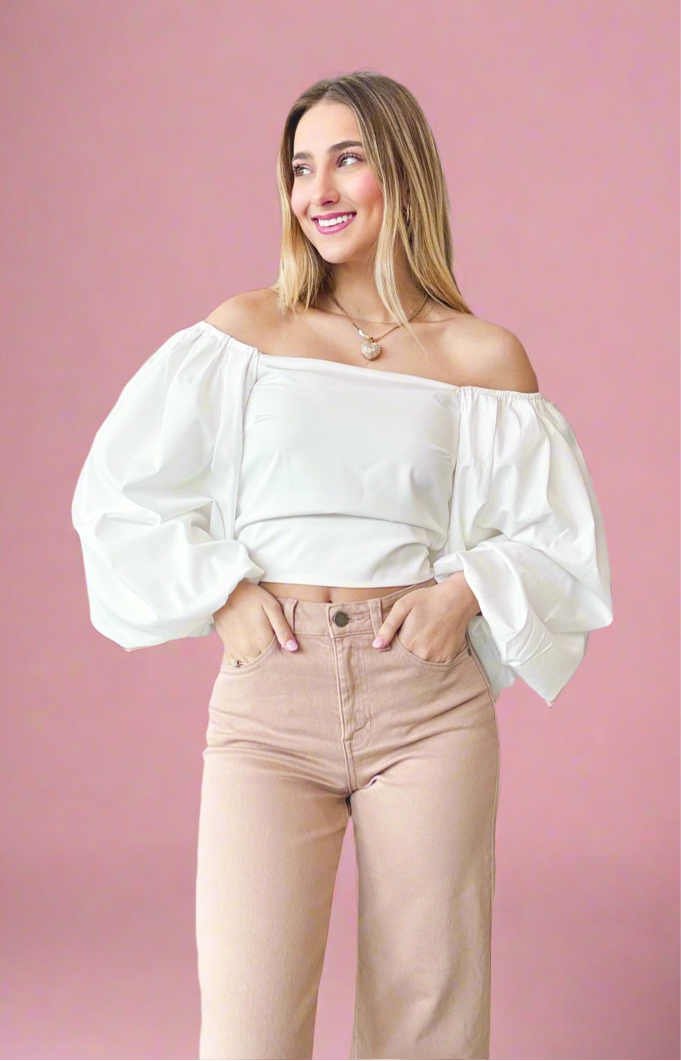 Heather Balloon Sleeve Off the Shoulder Top