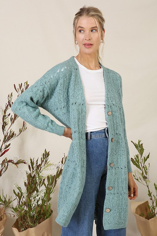 Long-Sleeve Pointelle Knit 
Cardigan