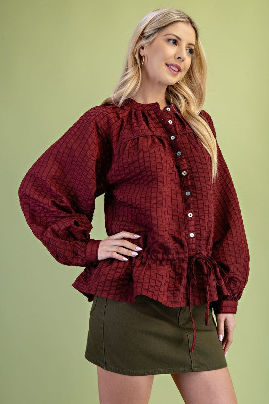 Crimson Textured Button Up Blouse