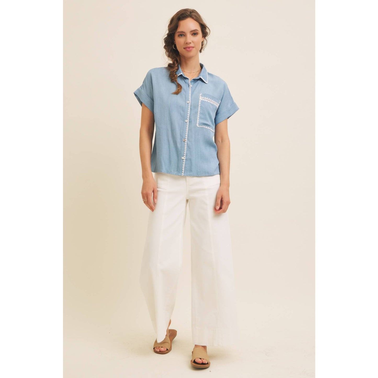 Washed Chambray Button-Down Shirt With Stitching