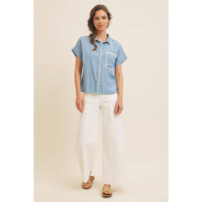 Washed Chambray Button-Down Shirt With Stitching