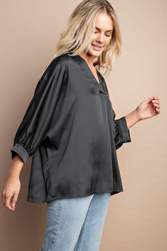 Savanna Satin V-Neck Loose Fit Blouse (Ash)