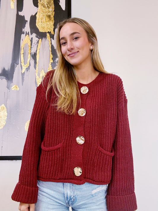 Luxe Vintage Gold Button Detail Front Pocket Cardigan